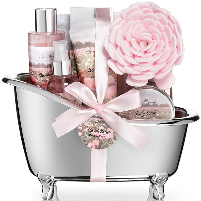 Spa Gift Baskets For Women - Luxury Bath Set With Rose Oil & Peony - Spa Kit Includes Body Wash, Bubble Bath, Lotion, Bath Salts, Body Scrub, Body Spray, Shower Puff, and Towel