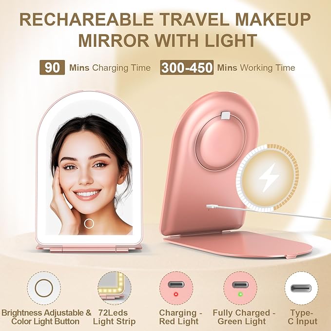 Mocado Travel Makeup Mirror with Light, 1x/10x Magnifying Mirror with Light, 3 Colors Lighted Magnifying Mirror, 2000mAh Rechargeable Lighted Makeup Mirror, Memory Function (Arched-Rose Gold)