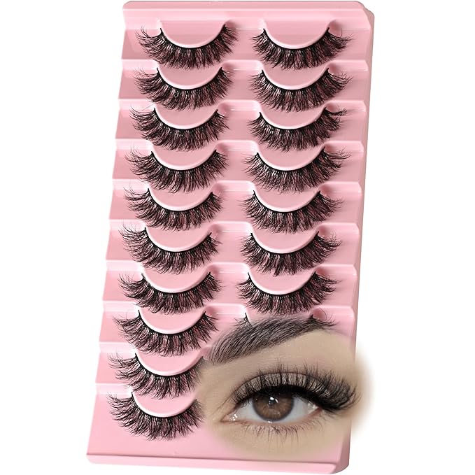 FARRED Natural Lashes Short Eyelashes Wispy False Mink Lash Strips 10 Pair Natural Look Fluffy Cat Eye Strip Eyelash Small Fake Lashes Full Pestañas Sets for MUA and Beginners Daily Makeup
