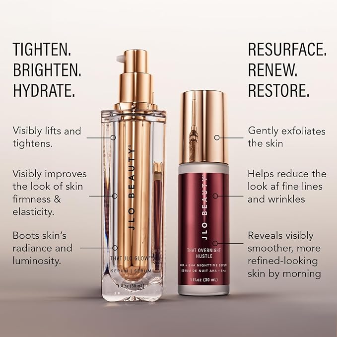 JLO BEAUTY Face Serum Set for Day & Night, Firming, Hydrating & Exfoliating Skincare with AHA, BHA & Hyaluronic Acid, Anti Aging Facial Serum, Skin Care Gift Set for Women, Travel Size, 1 Fl Oz Each