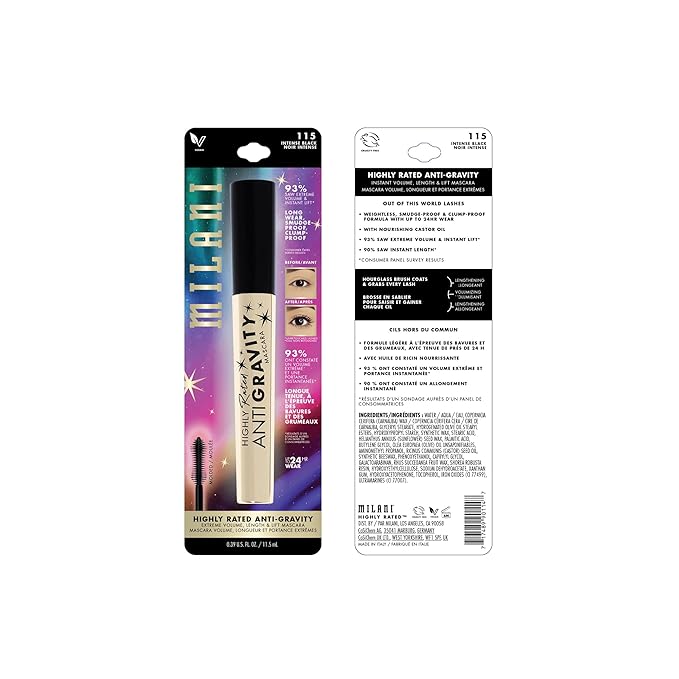 Milani Mascara Volume and Length, Highly Rated Anti-Gravity Black Shade with Castor Oil and Molded Hourglass Shaped Lash Coating Mascara Wand - 2 Pack