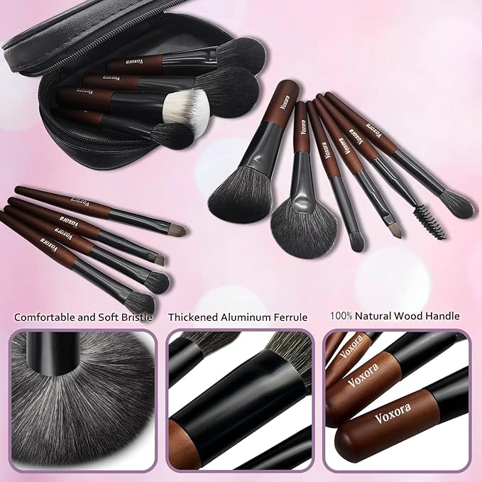 Travel Makeup Brush Set–Mini Makeup Brushes for Foundation, Powder, Eyeshadow, Blush, Contour, Concealer with Case, Silicone Brush Cleaner & Mini Hair Brush with Mirror–Perfect for Travel & Daily Usez