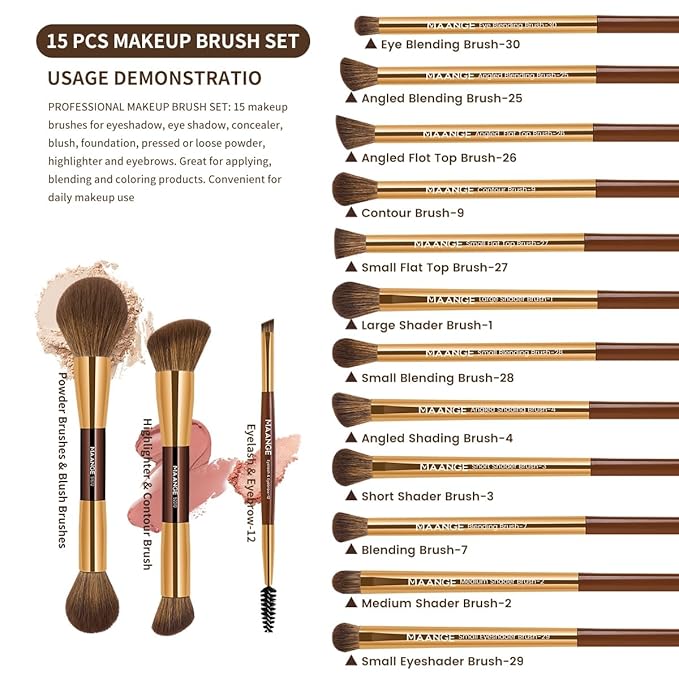 MAANGE 15 PCS Makeup Brushes Double-ended Makeup Brush Set Double Sided Angled/Round Top Brush Foundation Contour Blending Eyebrow Eyeshadow Concealer (Coffee Gold)