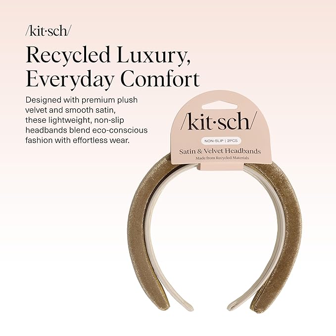 Kitsch Velvet & Satin Headbands for Women - Non Slip, Soft and Lightweight - Stylish Headbands for Girls with Chic Neutral Shades | Ideal Gifts for Women - Cream & Camel, 2pc Set