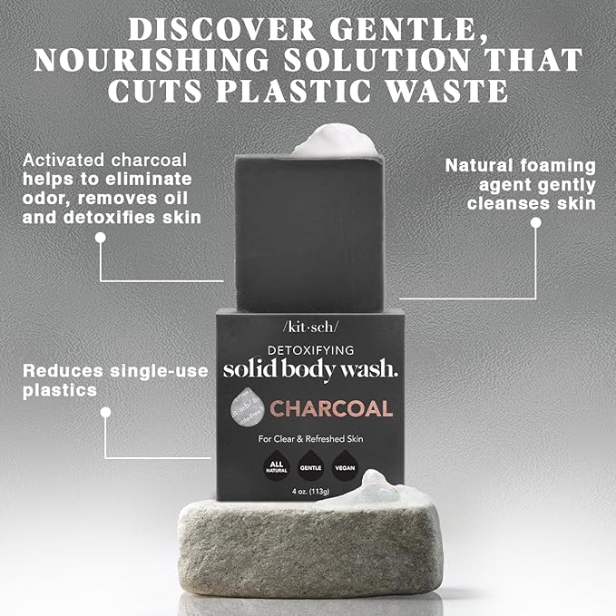 Kitsch Charcoal Soap Body Wash Bar – Detoxifying Bar Soap with Activated Charcoal – Gently Removes Excess Oil & Impurities, Clears Pores, Firms & Moisturizes Skin – Made in USA - 4 oz