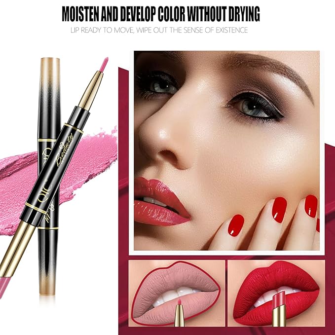 6Pcs Lip Liner and Lipstick Makeup Set, Purple Red/Claret/Vermilion/Pastel Orange/Rose/Ruby Red Lipstick Pen and with Lip Liner Pencil Set Lip Gift Set for Daily/Travel/Party/Work