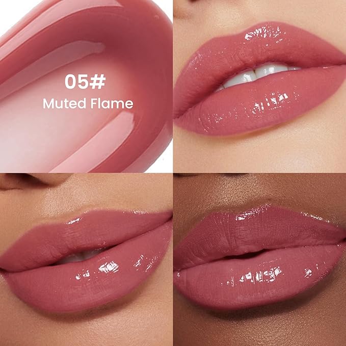 Pudaier Excellent Recovery Glossy Lip Stain, Moisturizing Lip Care Tinted Lip Oil, Hydrating Plumping Lip Gloss Balm, Non-Sticky Long Lasting Light Texture LipGloss Oil for Dry Lip (05 Muted Flame)