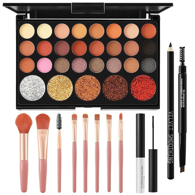 All In On Makeup Eye Set Cosmetics Kit for Teens and Adults, Includes Eyeshadow, Make Up Brushes, Mascara, Eyebrow Pencil, Eyeliner