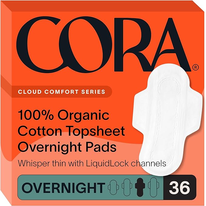 Cora 100% Organic Cotton Topsheet | Ultra Thin Period Pads with Wings | Overnight Absorbency | Ultra-Absorbent Sanitary Pads for Women (36 Count)