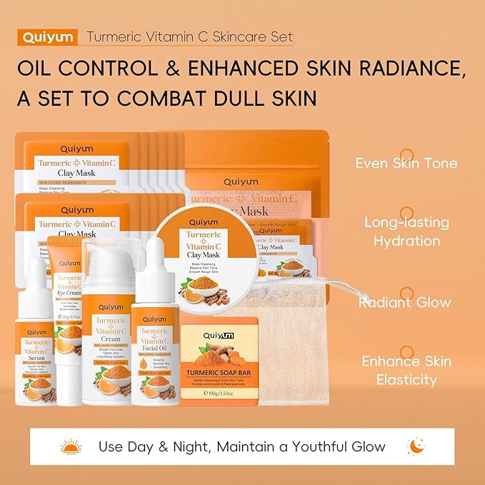 Skin Care Set, Turmeric Vitamin C Beauty Gift Sets, Skincare Kit with Serum, Eye Cream, Cream, 2 Type Mud Mask, Soap, Facial Oil Travel Kit for Women, Improve Dark Spot, Reduce Acne