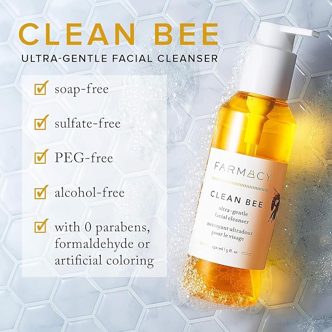 Farmacy Gentle Face Wash - Clean Bee Facial Cleanser for Sensitive Skin - Daily Face Cleanser Infused with Hyaluronic Acid, Honey + Antioxidants to Remove Excess Oils, Impurities + Makeup (150ml)