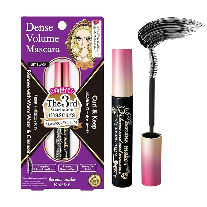 HEROINE MAKE by KISSME Tubing Mascara Waterproof & Long-lasting, Waterproof Mascara Black for Volumizing & Curl with Curvy Brush Advanced Film, 6 Natural Serums for Sensitive Skin, Made in Japan 1 EA