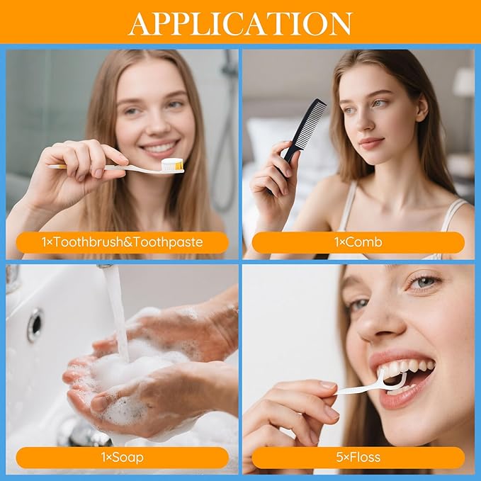 Personal Care Travel Toiletries Sets Bulk - Pack of 5,Disposable Toothbrushes with Toothpaste and Floss,Comb,Soap,Cover,Zip Bag 7-in-1 Travel Size Toiletry Kit for Hotel,Guest,Homeless,Charity,Church