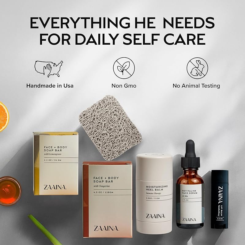 ZAAINA Men’s Self Care Kit – Luxury Spa Gift Set for Men with Face Serum, Soaps, Heel Balm & Lip Balm – Natural Grooming Care Package for Men – Birthday & Relaxation Spa Kit (Deluxe Set)