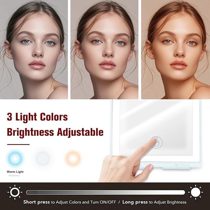 Travel Makeup Mirror with Light, Rechargeable Portable Folding Compact Mirror Set with Tweezer, Lighted Makeup Mirrors with 72 LED 3 Color Light Modes, Dimmable Touch Screen LED Mirrors-Cyan