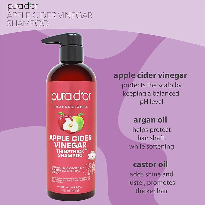 PURA D'OR Apple Cider Vinegar Thin2Thick Set (16oz x 2) ACV Shampoo & Conditioner, Clarifying - Biotin, Keratin, Caffeine, Castor Oil, Aloe - All Hair Types, Men & Women (Packaging may vary)