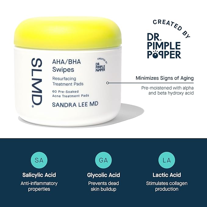 SLMD by Dr. Pimple Popper - AHA BHA Toner Pads Swipes, Salicylic Acid, Glycolic Acid & Lactic Acid - Daily Resurfacing Pads for Face & Body - Facial Exfoliating Resurface, Treat, and Prevent Acne