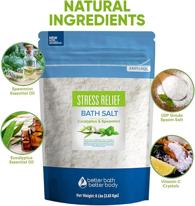 Stress Relief Bath Salt 128 Ounces Epsom Salt with Natural Spearmint and Eucalyptus Essential Oils Plus Vitamin C in BPE Free Pouch with Easy Press-Lock Seal