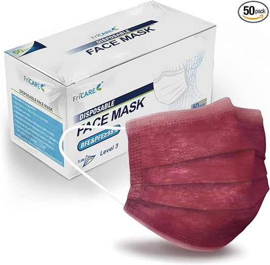 FriCARE Disposable Face Masks, 3-Ply ASTM Level 3 Medical Grade, Breathable & Comfortable for Adult Daily Work/Sun Protection, 50 Pack Burgundy