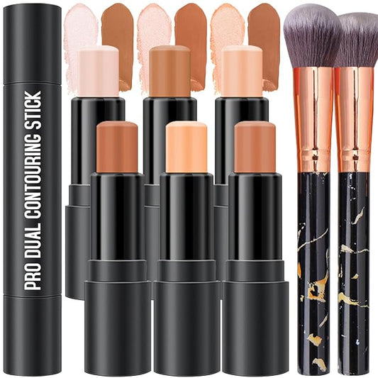 6 Colors Cream Contour Stick Makeup Kit, Shades with Highlighter Stick, Blush Stick and Bronzer Stick for Sculpt the Cheeks, Double-End Bronzer Stick, Waterproof,Dewy & Matte Finish (SET B)