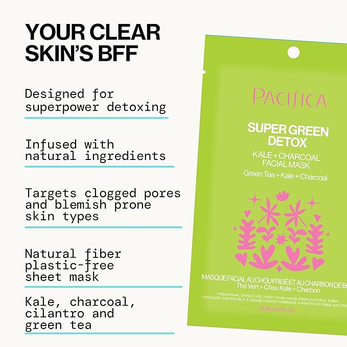 Pacifica Super Green Detox Sheet Mask – Charcoal, Kale & Clay Pore Cleansing Mask for Oily, Blemish-Prone Skin, Deep Detox Facial Mask, Vegan