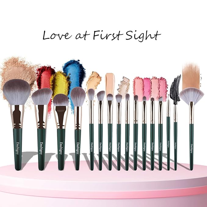 Makeup Brushes, Daubigny 16Pcs Complete Green Premium Synthetic Makeup Brush Set with Professional Foundation Brushes Powder Concealers Eye shadows Blush Makeup Brush for Perfect Makeup