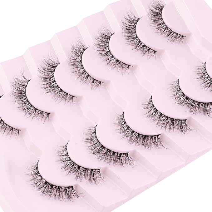 Natural Lashes Wispy Cat Eye Lashes 12mm False Eyelashes Natural Look Strip Lashes Thin Cotton Band Soft Eyelashes 3D Volume Lashes Pack C Curl Siligli Eyelashes 7 Pair