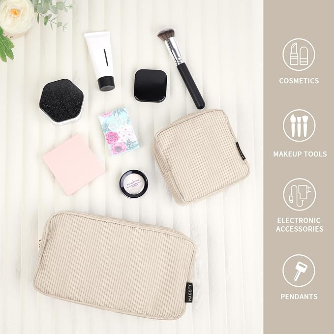 MAGEFY Small Makeup Bag for Purse Mini Cosmetics Bag Corduroy Cute Cosmetic Pouch for Women with Slip-in Pockets