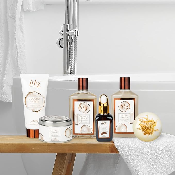 Bath and Body Gift Basket Set for Women - Coconut Vanilla Spa Gift Basket for Women 17-Piece Luxury Bath Gift Set with Shower Gel Self Care Pampering Gifts for Mothers Day, Christmas, Birthday Gifts