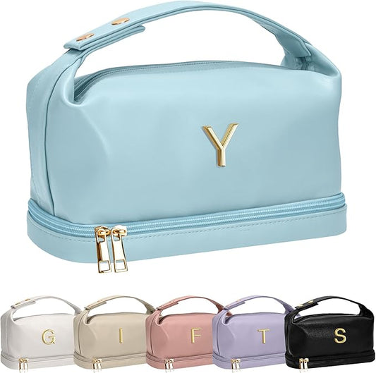 Teenage Girls Gifts Ideas, Personalized Makeup Bag with Handle, Initial Double Layer Cosmetic Bag with Makeup Brush Organizer, Gifts for Girls Teen Girls -10 11 12 13 14 15 16 17 18 Year Old