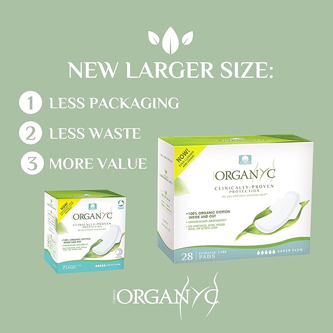Organyc New and Improved 100% Certified Organic Cotton Inside and Out Overnight Feminine Pads, Heaviest Flow, Super Absorbency, 28 Count