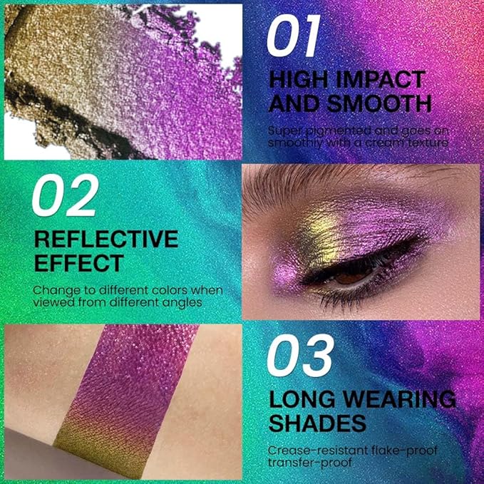 evpct Mermaid Purple Gold Holographic Chameleon Chrome Eye Shadow Palette Makeup for Older Women, Duochrome chromatic Duo Multichrome Glitter Shimmer Metallic Gothic festival Single Eyeshadow Palette