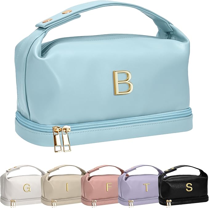 Personalized Teachers Gifts for Women, Makeup Bags with Handle, Initial Double Layer Cosmetic Bag with Makeup Brush Organizer,Teacher Appreciation Gifts, Gifts for Friends Female Mom
