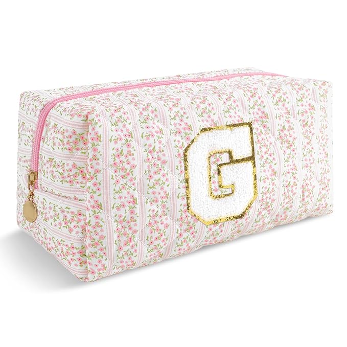 Personalized Quilted Cosmetic Bag, Puffy Monogrammed Christmas Birthday Gifts for Women & Girls, Cute initial Floral Makeup Bag Puffer Coquette Bag, Aesthetic Travel Toiletry Zipper Pouch(Pink,G)