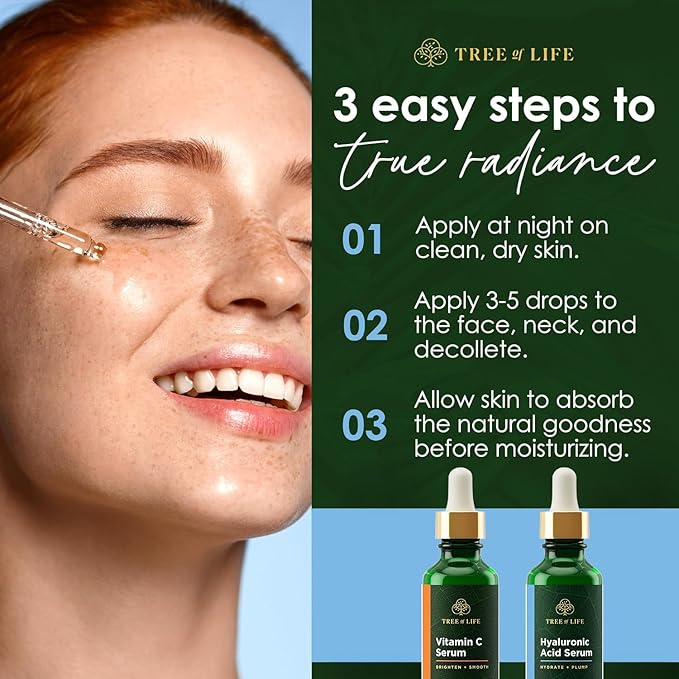 Tree of Life Beauty Facial Skin Care Set, Brightening, Firming, Hydrating, Dry Face, Dermatologist Tested - Vitamin C and Hyaluronic Acid Facial Serum - Skin Care Kit, 2 count of 1 Fl Oz