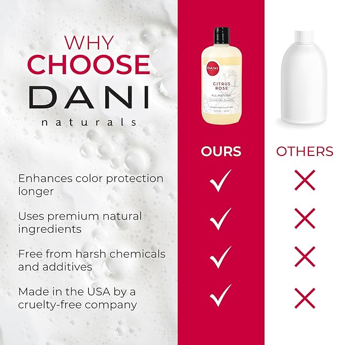 DANI Naturals Shampoo - Citrus Rose Scent is a sulfate-free, vegan, and organic shampoo that deeply moisturizes and nourishes all hair types, including color-treated hair