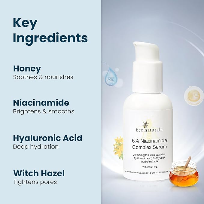 6% Niacinamide Complex Serum for Face with Hyaluronic Acid & Honey, Reduced Potential for Irritation, Pore Minimizer, Hydrating Facial Serum for Skin Even Tone – Anti-Aging for All Skin Types 2 fl oz