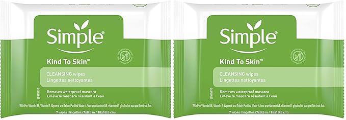 Simple Kind to Skin Facial Cleansing Wipes Cleanser & Makeup Remover Cleansing Removes Waterproof Mascara 7 Wipes (Pack of 2)