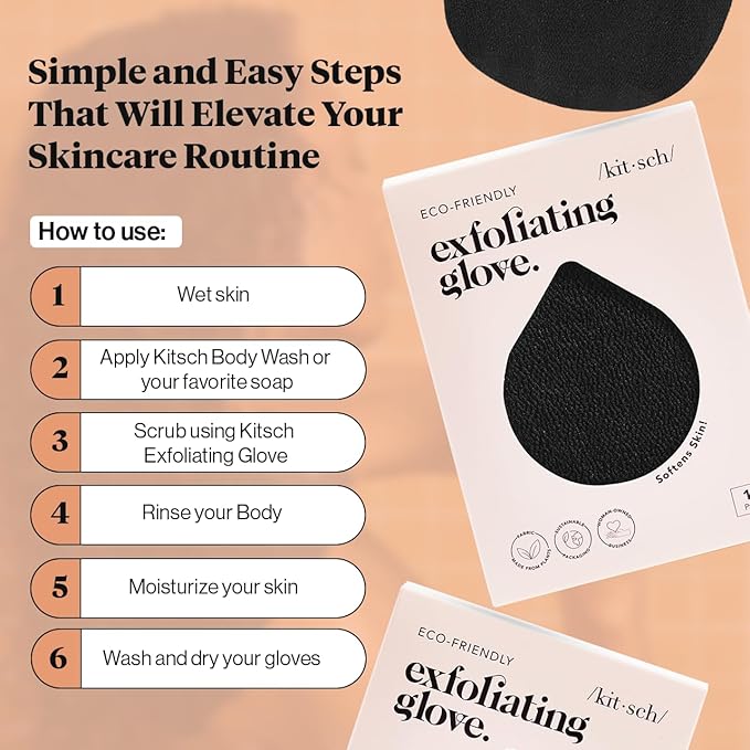 Kitsch Exfoliating Glove – Korean Exfoliating Mitt & Deep Exfoliating Body Scrubber for Shower, Bath | Body Exfoliator, Dead Skin Remover | Skin Care for Smooth, Renewed Skin - 1pc, Black