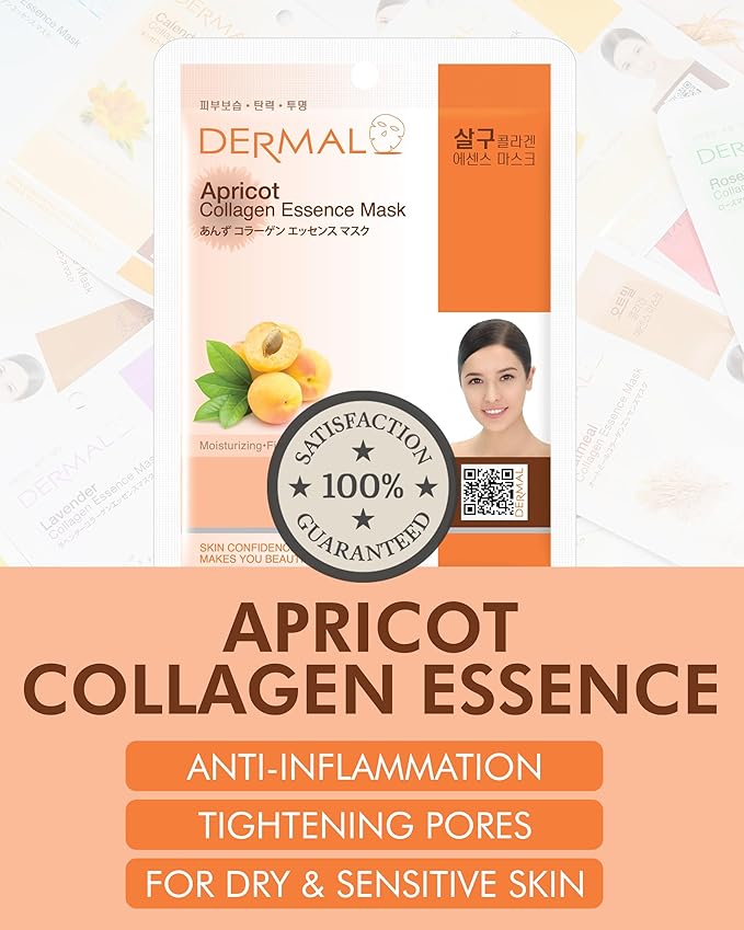 DERMAL Apricot Collagen Essence Korean Facial Mask Sheet Pack of 10 - Nourishing, Revitalizing Complexion, Skin Glow - Hypoallergenic Skin Friendly Sheet