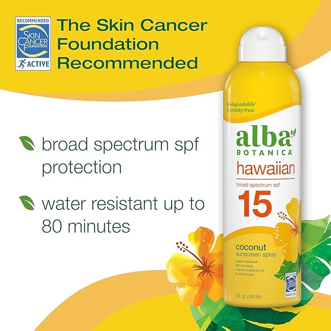 Sunscreen Spray for Face and Body, Broad Spectrum SPF 15 Sunscreen, Hawaiian Coconut, Water Resistant and Biodegradable - Alba's Quality SPF 15 - Pack of (4) x 5 fl. oz. Bottles