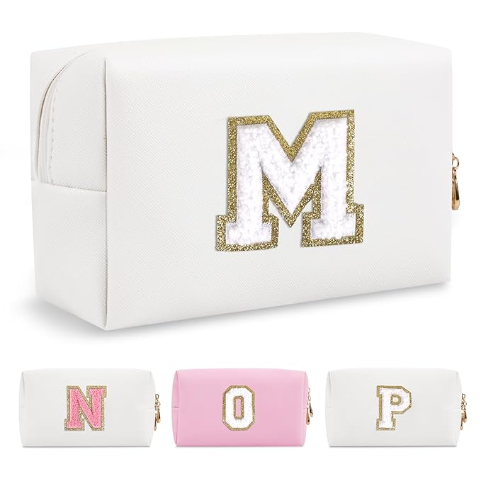 Small Personalized Initial A-Z Preppy Patch Makeup Bag,White PU Chenille Letter Travel Cosmetic Pouch with Zipper,Cute Toiletry Bag,Gift Ideal for Teen Girls Women Teacher Bridesmaid,Letter M