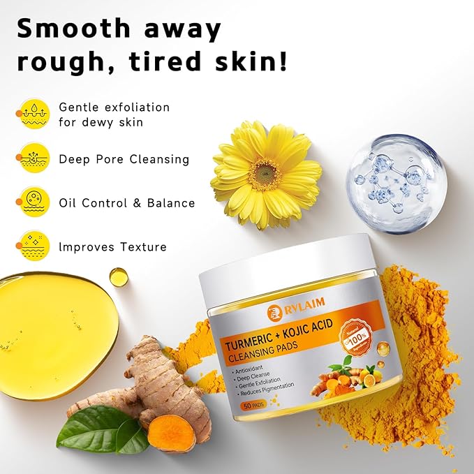 Turmeric Kojic Acid Cleansing Pads, 50 PCS Turmeric Pads for Face Dark Spots Cleansing & Exfoliation