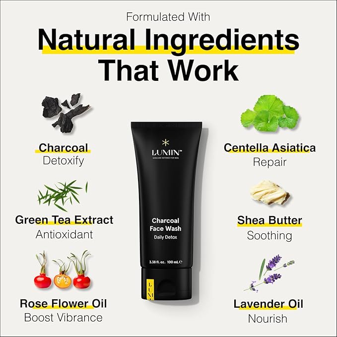 Lumin - Class Act Bundle - Men's Skincare Kit, Includes: Charcoal Face Wash Daily Detox, Charcoal Scrub Deep Detox, Daily Face Moisturizer & Dark Circle Defense Balm, Suitable For All Skin Types