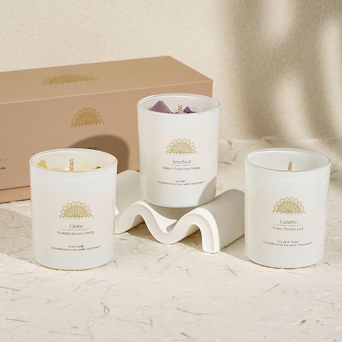 Soy Candles with Healing Crystals. Amethyst, Lazurite, Citrine Crystal. Lavender, Sea Salt & Orchid, French Vanilla. Positivity Energy Gift for Women, 3PC Scented Candle Set 3.5 oz Each