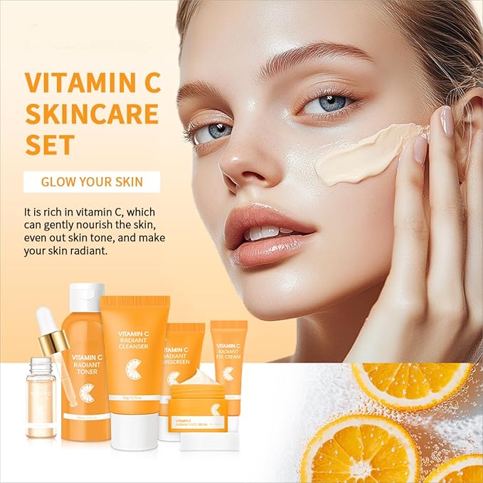Vitamin C Skincare Set for Face - 6 Piece Kit with Cleanser, Serum, Eye Cream, Moisturizer, Sunscreen & Toner | Brightening, Hydrating & Anti-Aging | Perfect for Teens & Girls | Value Skincare Bundle
