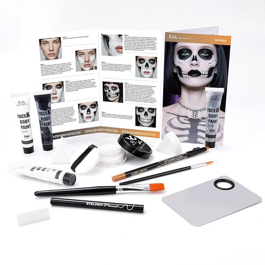 Halloween for Skeleton Makeup Kit, Professional Halloween SFX Makeup Set for Skeleton Costume, Water-Based Face Paint Set with Black White SilverFace Paints, for Cosplay, Costume Party