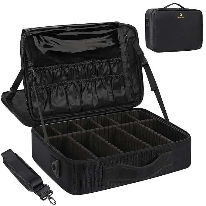 MONSTINA 16.5'' Large Capacity Makeup Case 3 Layers Cosmetic Organizer Brush Bag Barber Train Case Makeup Artist Box for Hair Curler Hair Straightener Brush Set and Cosmetics