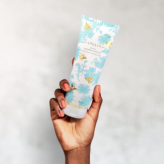 LOLLIA Wish Shower Gel, 8 fl oz, Vanilla Bean, Rice Flower, Jasmine Leaves, & Sugar Cane, Luxury Shea Moisture Hydrating Women's Body Wash, Delicate & Relaxing Scented Bath Soap for Self Care