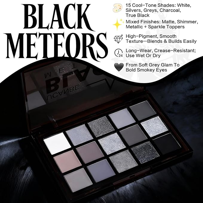 UCANBE Smokey Black Eyeshadow Palette, 15 Colors Dark Shimmer Matte Metallic Makeup Pallet, High Pigmented Gray Silver Sombras De Ojos Kit for Daily and Halloween